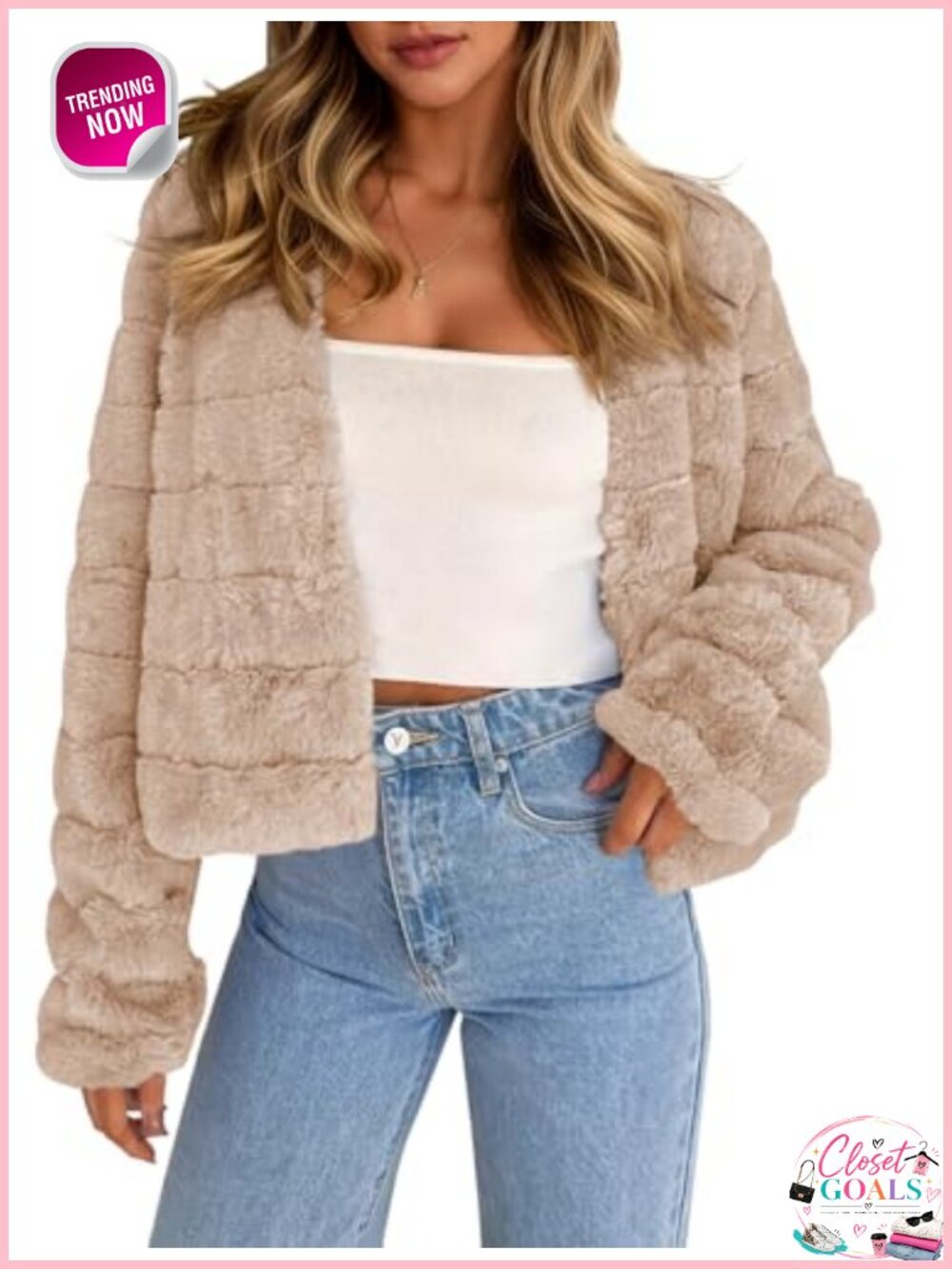 Womens Cropped Faux Fur Jacket Long Sleeve Open Front Fluffy Coat